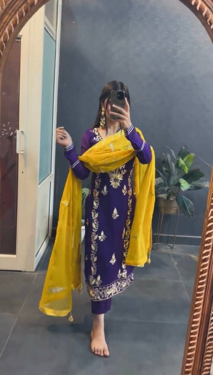 Chinnon Silk Salwar Kameez Pakistani Dress Ready To Wear Suits Indian Embroided - 001FASHIONFORWARD