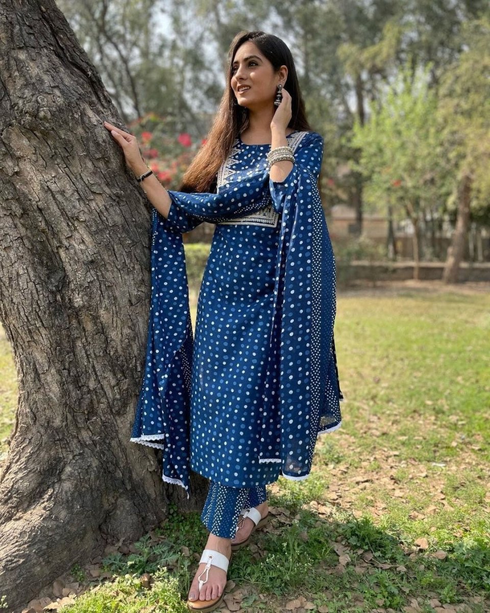 Cotton Blue Color Salwar Kameej Suit , Wedding party wear Kurti pant 3 pc - 001FASHIONFORWARD