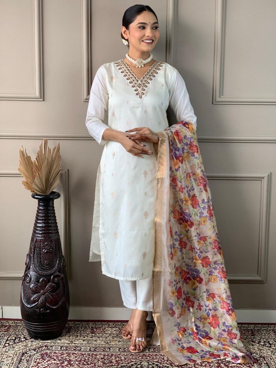 Elegant Cotton Straight Suit with Handwork – 3 - Piece Set Salwar kameez - 001FASHIONFORWARD