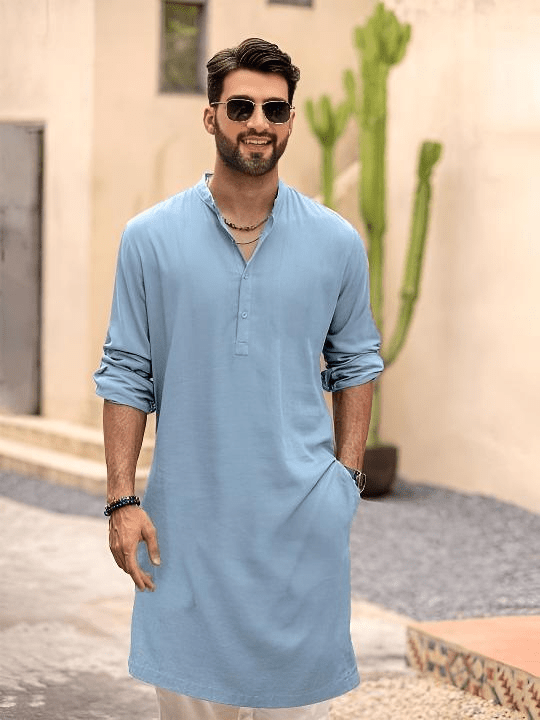 Long Men’s Pakistani Shirt 100% Cotton Traditional Tunic Solid Plain Men's Kurta - 001FASHIONFORWARD