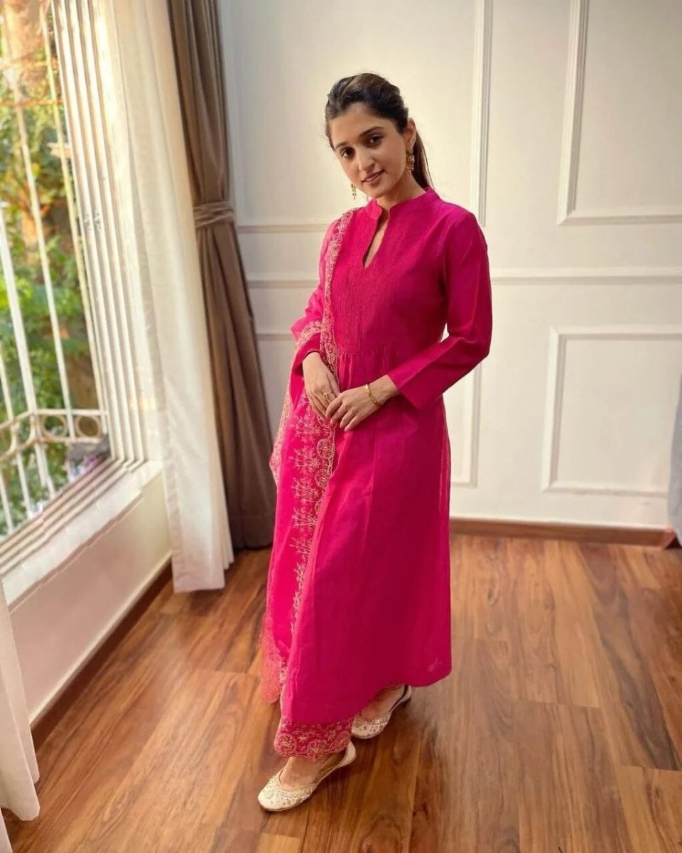 Party Heavy Chanderi Readymade Pink Salwar Kameez With Printed Organza Dupatta - 001FASHIONFORWARD