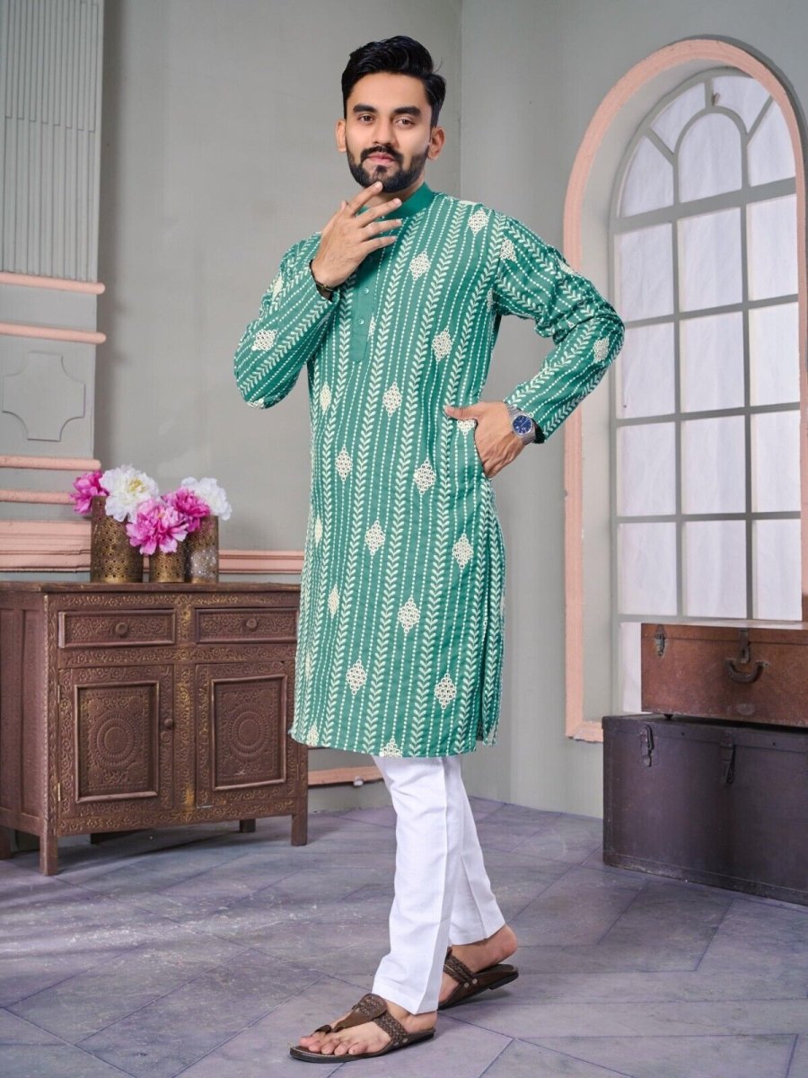 Ramadan Mirror work Men's Wedding Long Kurta Embroidery & Cotton Pajama - eid - 001FASHIONFORWARD