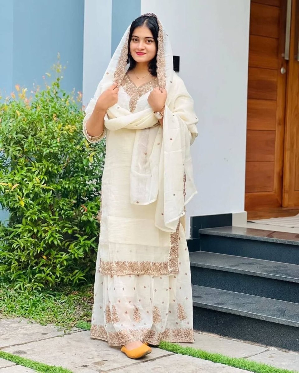 White Crunchy Silk Pakistani Salwar Kameez Sharara Suit with Embroidered Dupatta - 001FASHIONFORWARD