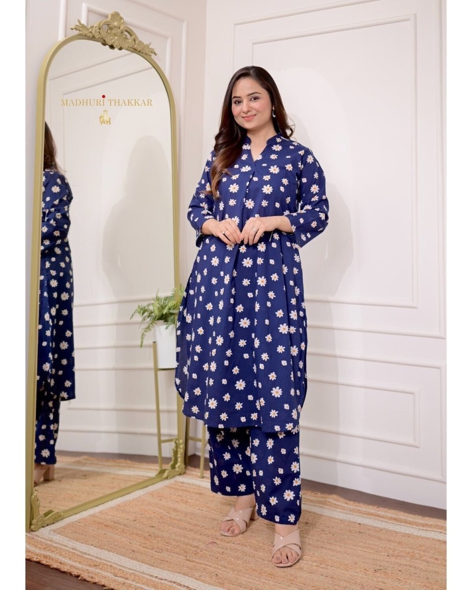 2 pcs indian women cotton kurta pant sets floral print co - ords set gift - 001FASHIONFORWARD
