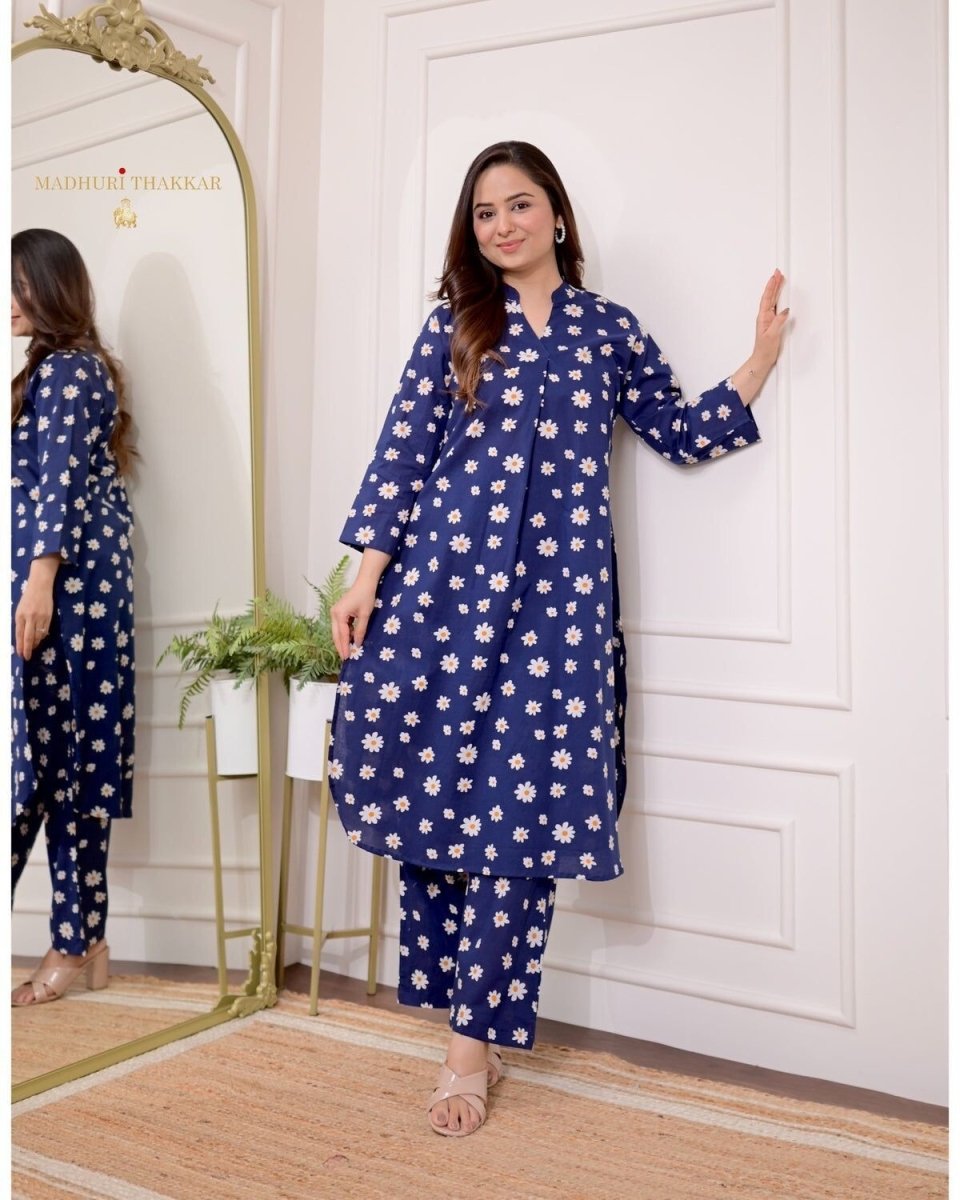 2 pcs indian women cotton kurta pant sets floral print co - ords set gift - 001FASHIONFORWARD