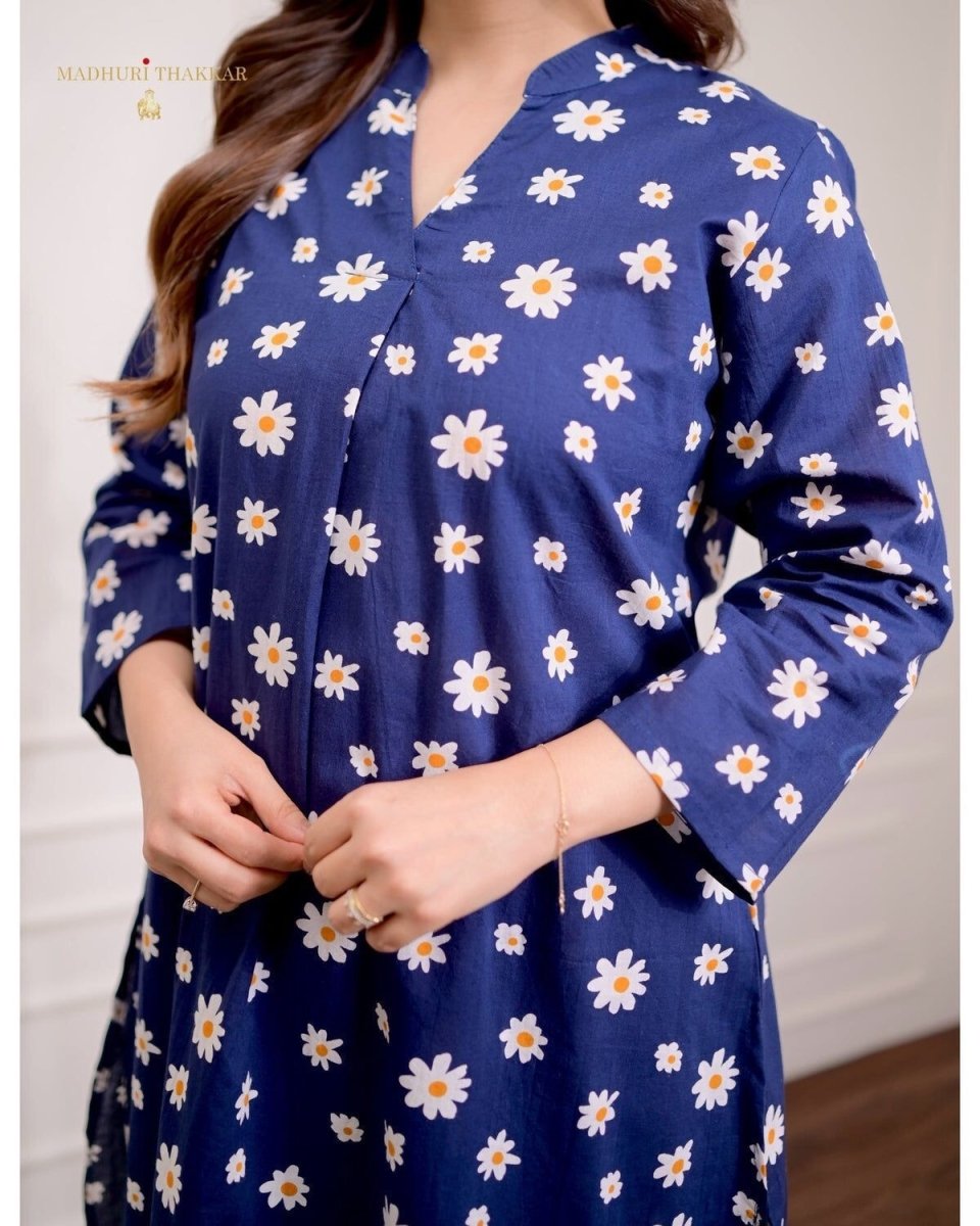 2 pcs indian women cotton kurta pant sets floral print co - ords set gift - 001FASHIONFORWARD