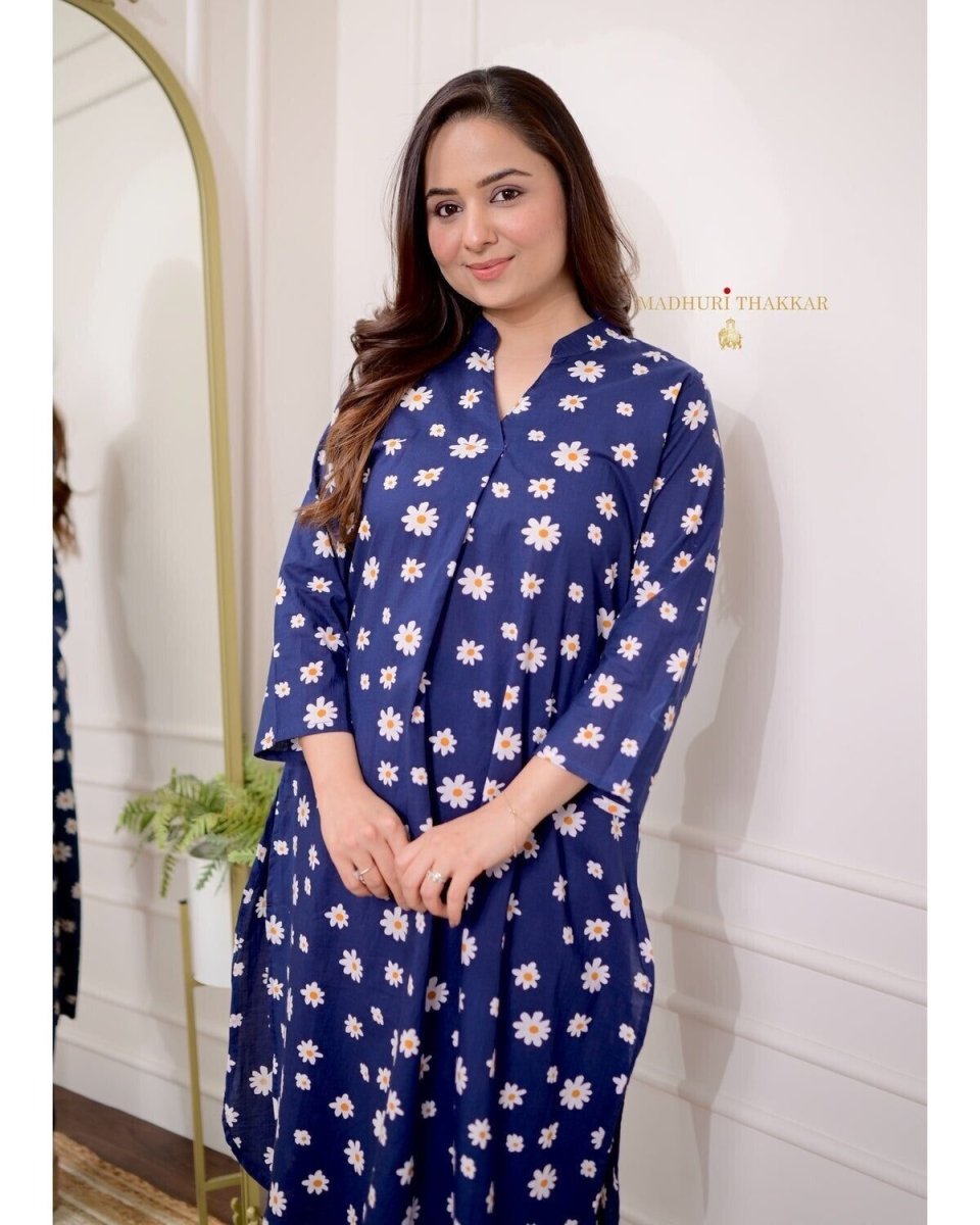 2 pcs indian women cotton kurta pant sets floral print co - ords set gift - 001FASHIONFORWARD