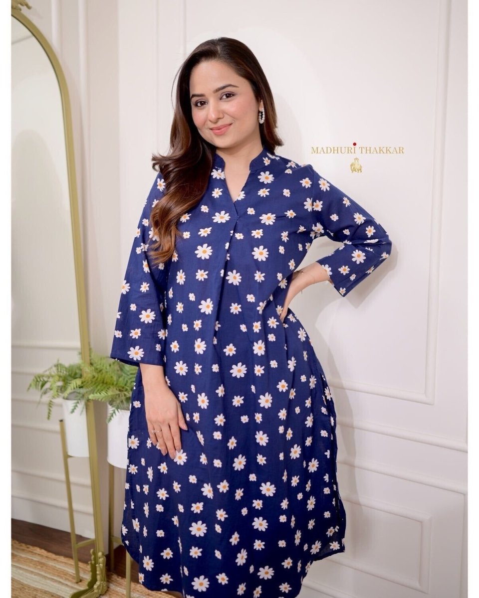 2 pcs indian women cotton kurta pant sets floral print co - ords set gift - 001FASHIONFORWARD