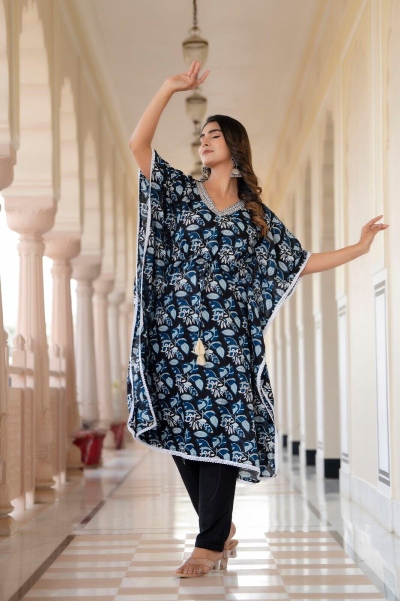2 pcs Kaftan Style Set – Cotton with Embroidery, Lace Work & Tassel Detailing - 001FASHIONFORWARD