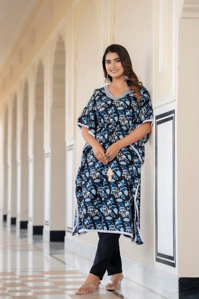 2 pcs Kaftan Style Set – Cotton with Embroidery, Lace Work & Tassel Detailing - 001FASHIONFORWARD