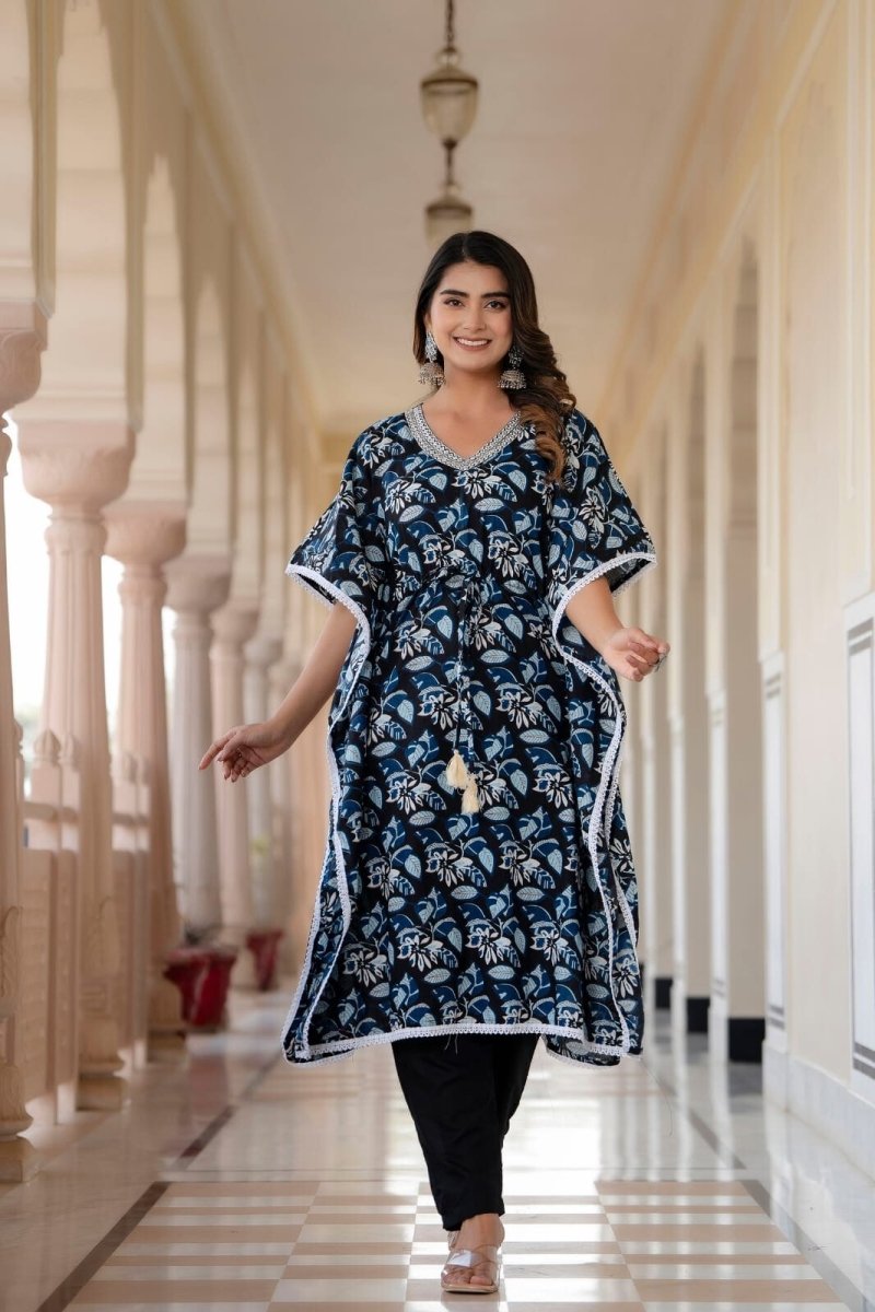 2 pcs Kaftan Style Set – Cotton with Embroidery, Lace Work & Tassel Detailing - 001FASHIONFORWARD