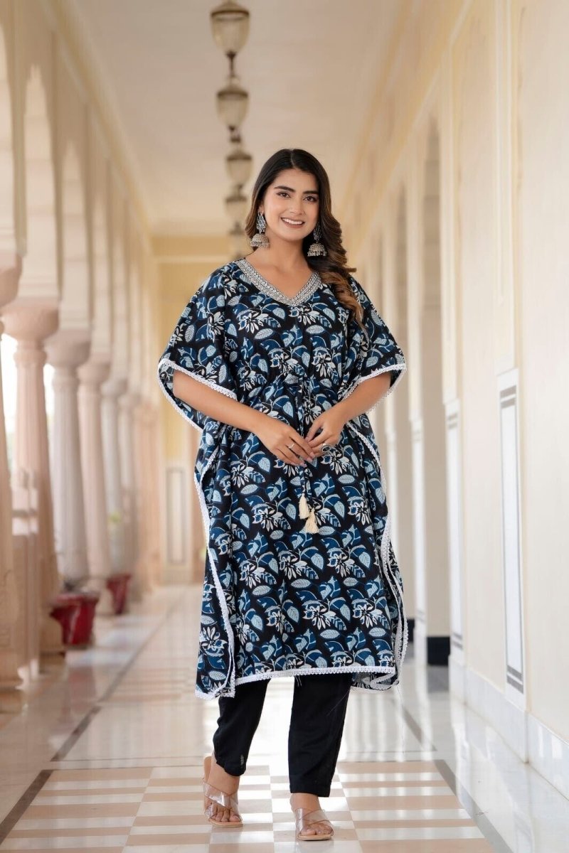 2 pcs Kaftan Style Set – Cotton with Embroidery, Lace Work & Tassel Detailing - 001FASHIONFORWARD