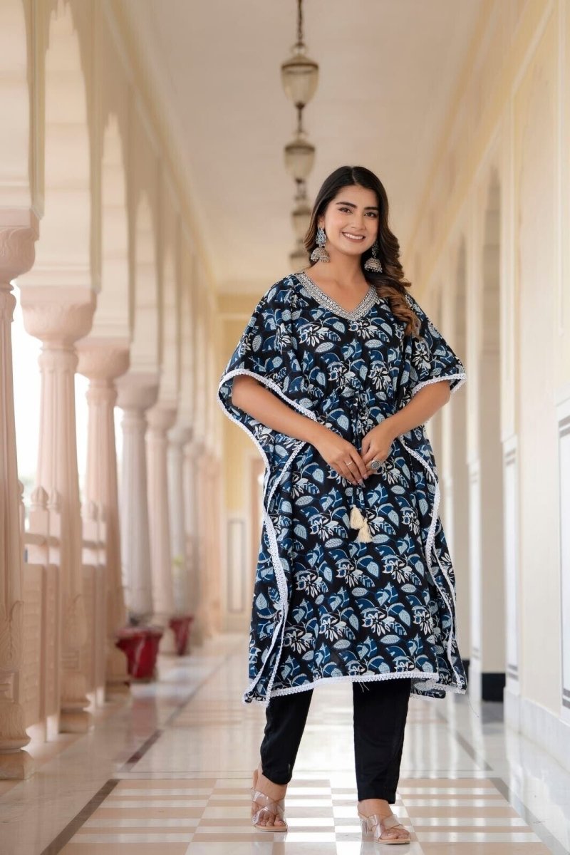 2 pcs Kaftan Style Set – Cotton with Embroidery, Lace Work & Tassel Detailing - 001FASHIONFORWARD