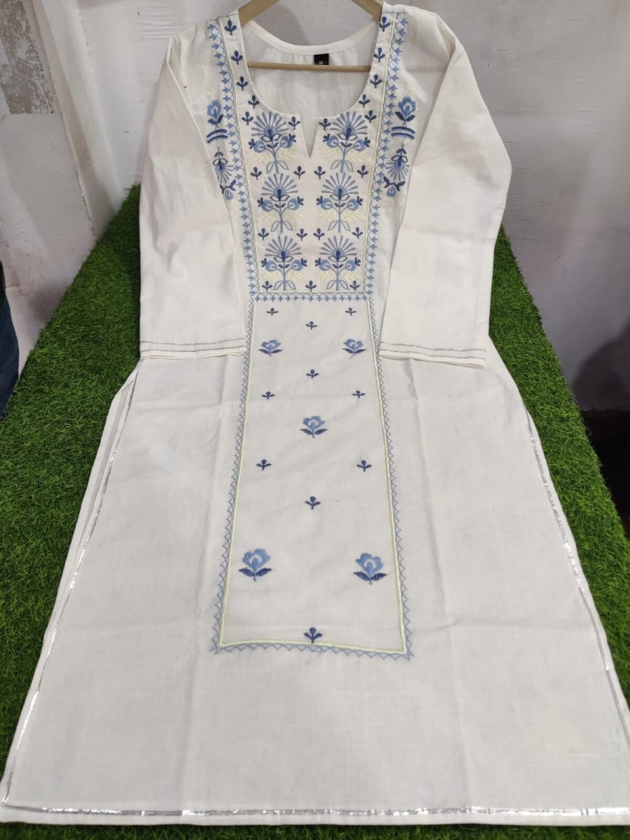 2 pcs White embroidered bollywood nora style kurti pant salwar kameez Dress - 001FASHIONFORWARD