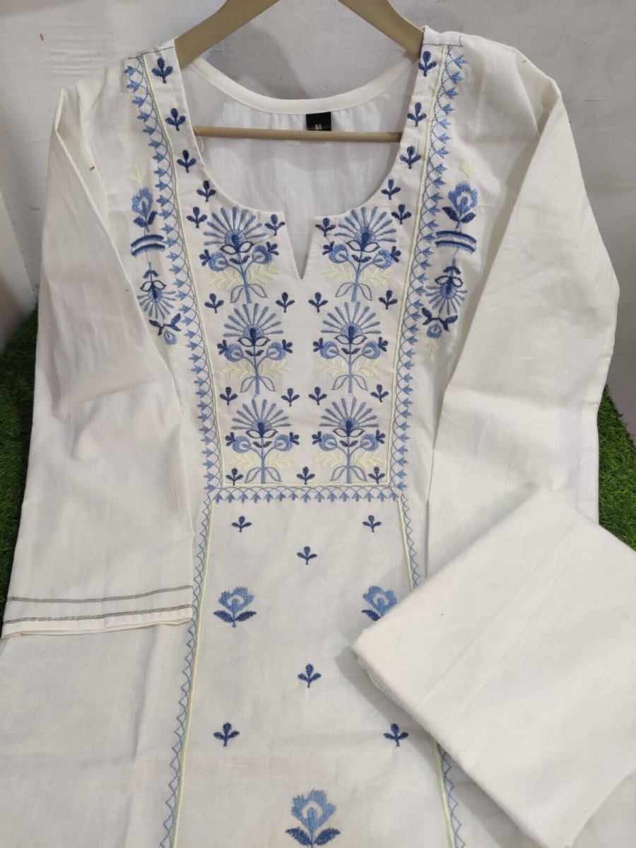 2 pcs White embroidered bollywood nora style kurti pant salwar kameez Dress - 001FASHIONFORWARD