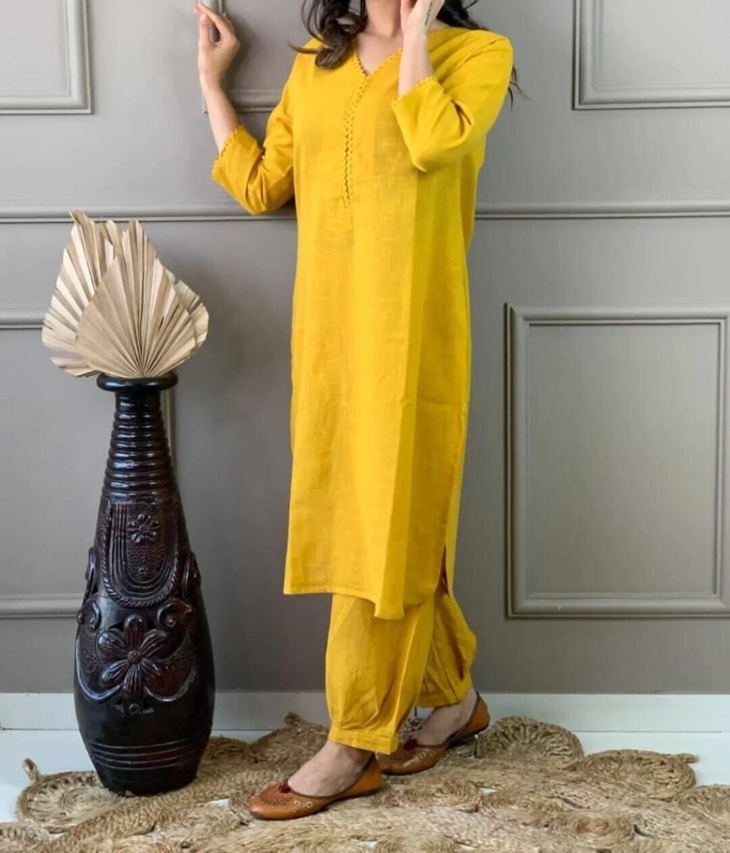 2pcs Cotton Solid Kurta Pant Set Designer Women Salwar Kameez Kurti Readymade - 001FASHIONFORWARD
