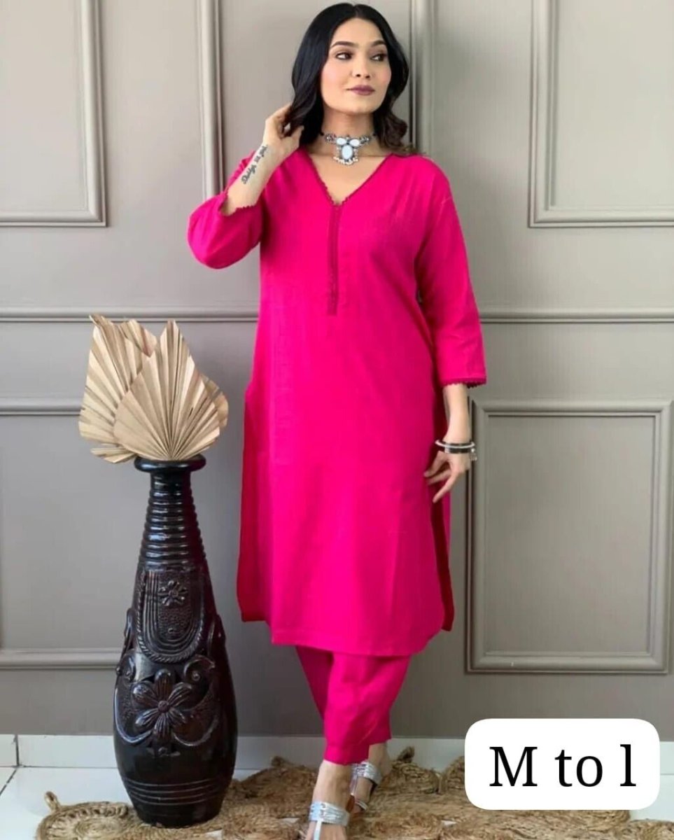 2pcs Cotton Solid Kurta Pant Set Designer Women Salwar Kameez Kurti Readymade - 001FASHIONFORWARD