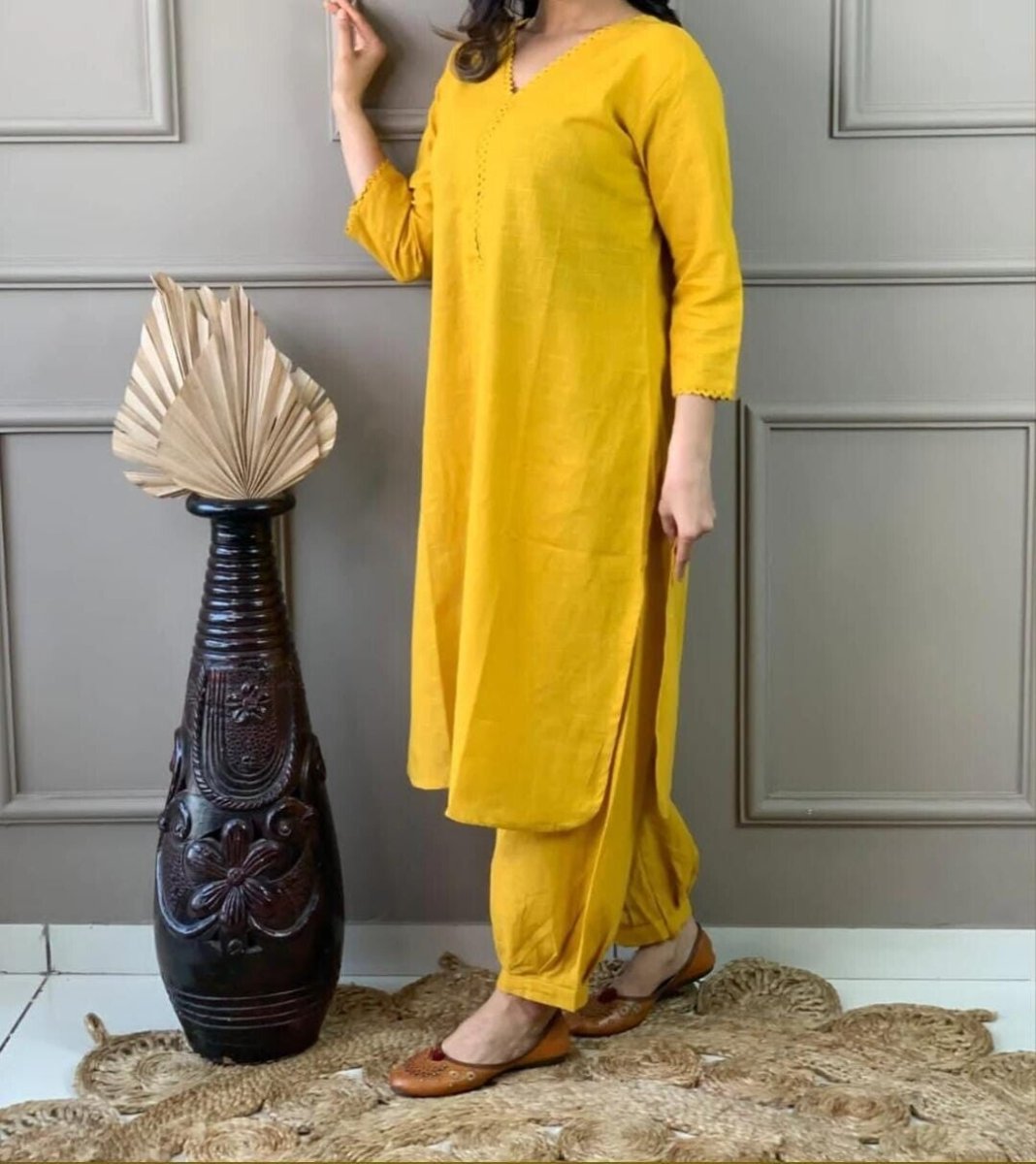 2pcs Cotton Solid Kurta Pant Set Designer Women Salwar Kameez Kurti Readymade - 001FASHIONFORWARD