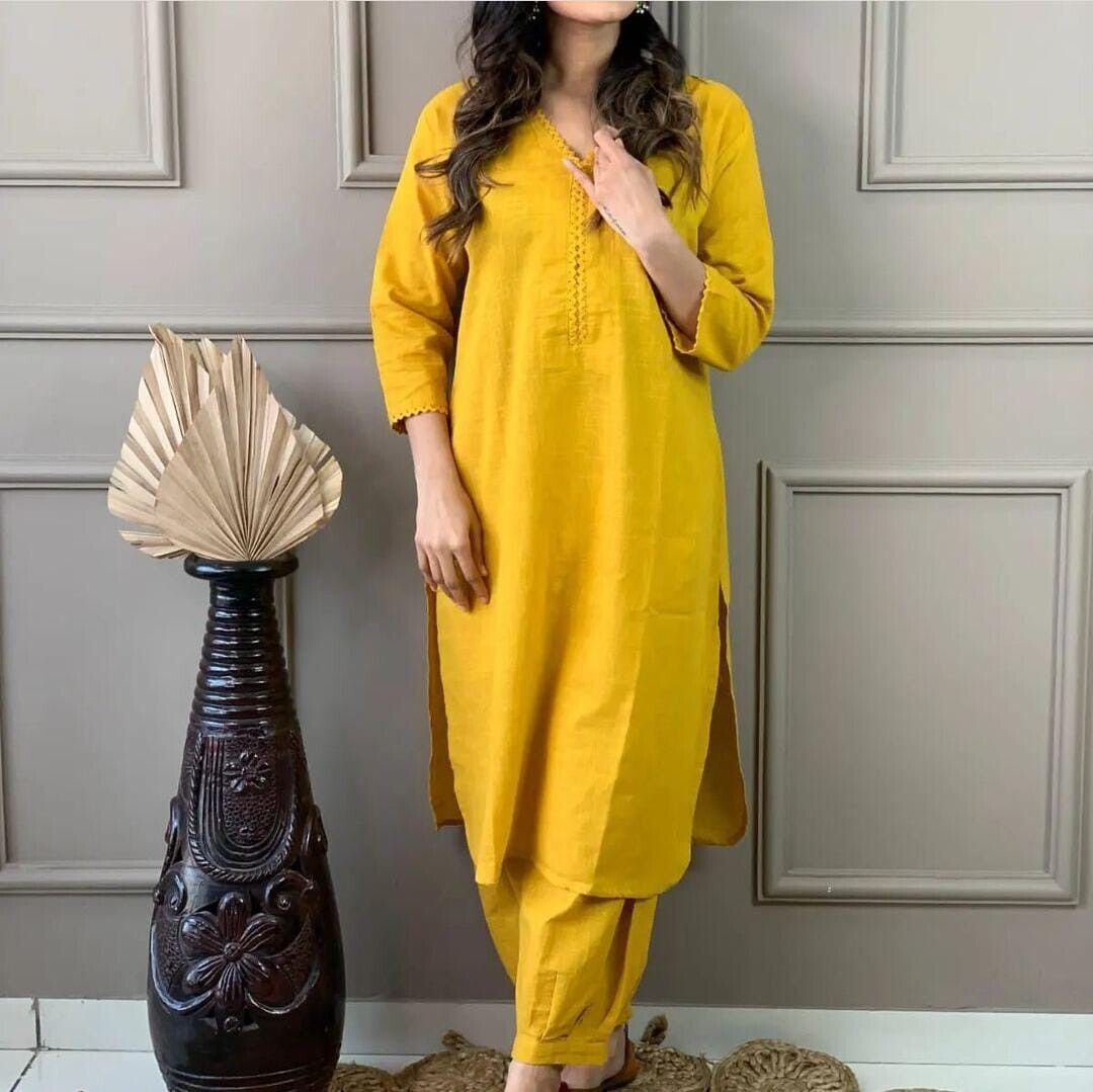 2pcs Cotton Solid Kurta Pant Set Designer Women Salwar Kameez Kurti Readymade - 001FASHIONFORWARD