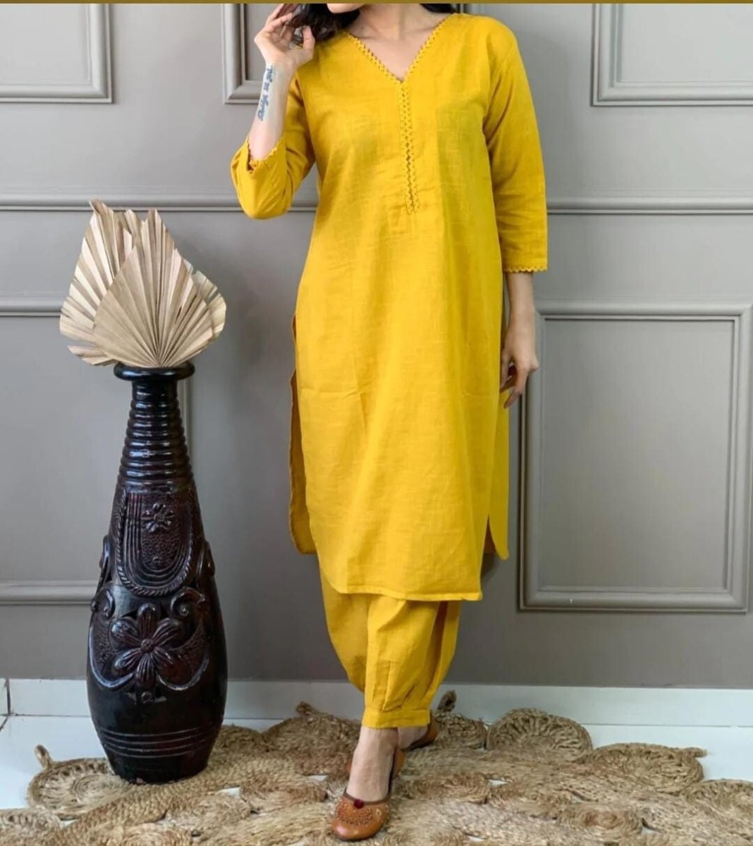 2pcs Cotton Solid Kurta Pant Set Designer Women Salwar Kameez Kurti Readymade - 001FASHIONFORWARD