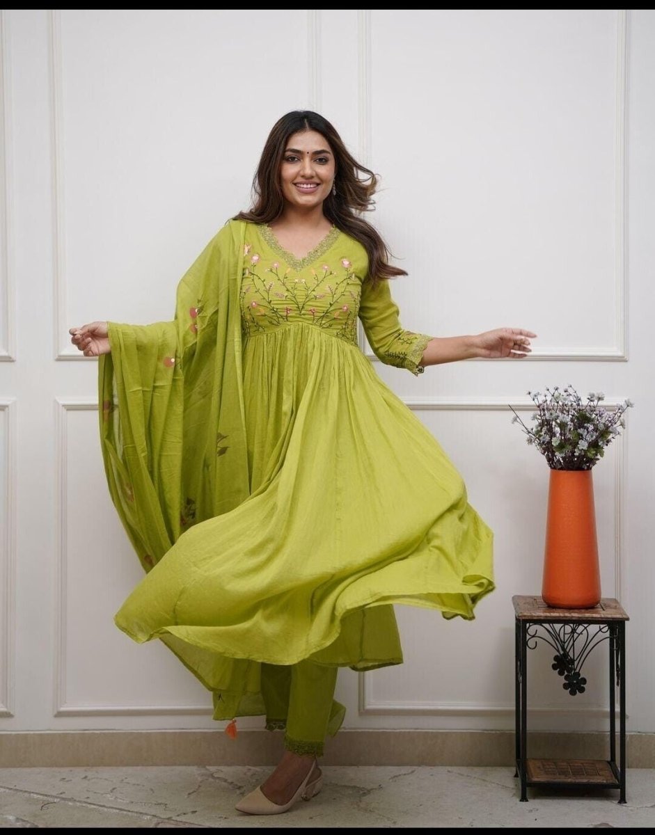 Anarkali Flared Gown Cotton Kurta Pant Set with Malmal Dupatta 3 Piece Set - 001FASHIONFORWARD
