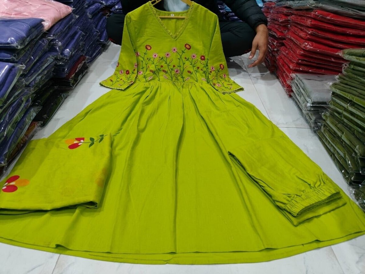 Anarkali Flared Gown Cotton Kurta Pant Set with Malmal Dupatta 3 Piece Set - 001FASHIONFORWARD