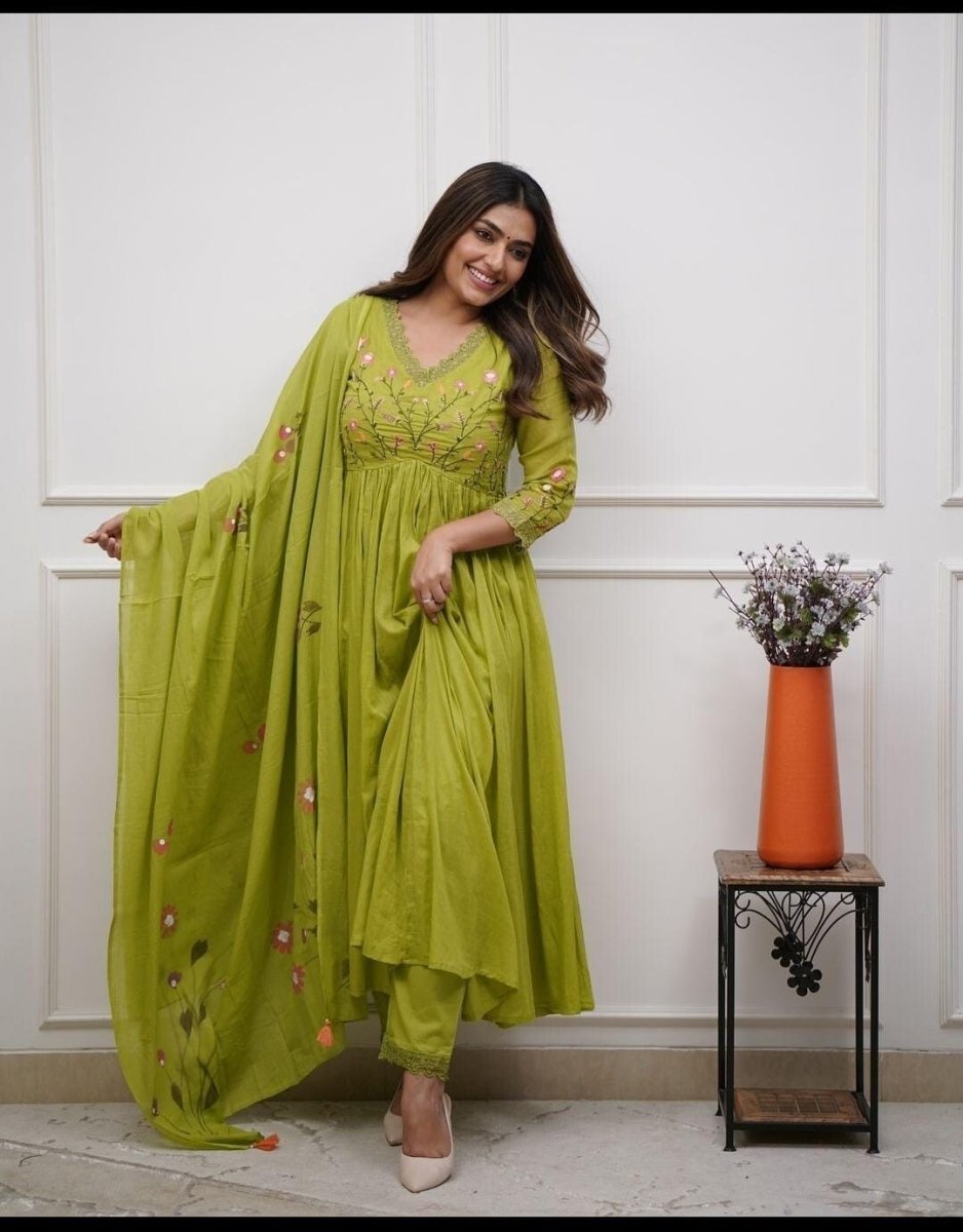 Anarkali Flared Gown Cotton Kurta Pant Set with Malmal Dupatta 3 Piece Set - 001FASHIONFORWARD