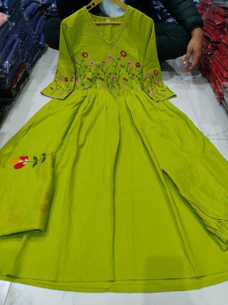 Anarkali Flared Gown Cotton Kurta Pant Set with Malmal Dupatta 3 Piece Set - 001FASHIONFORWARD