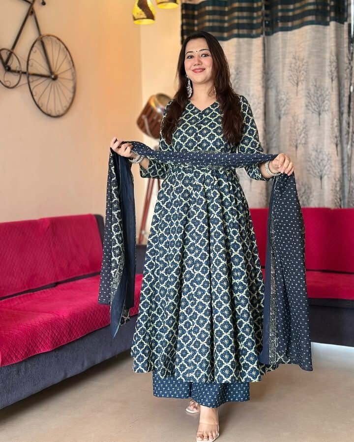 Anarkali Gown Dress – Bollywood Pakistani Indian Wedding Cotton Party Suit - 001FASHIONFORWARD