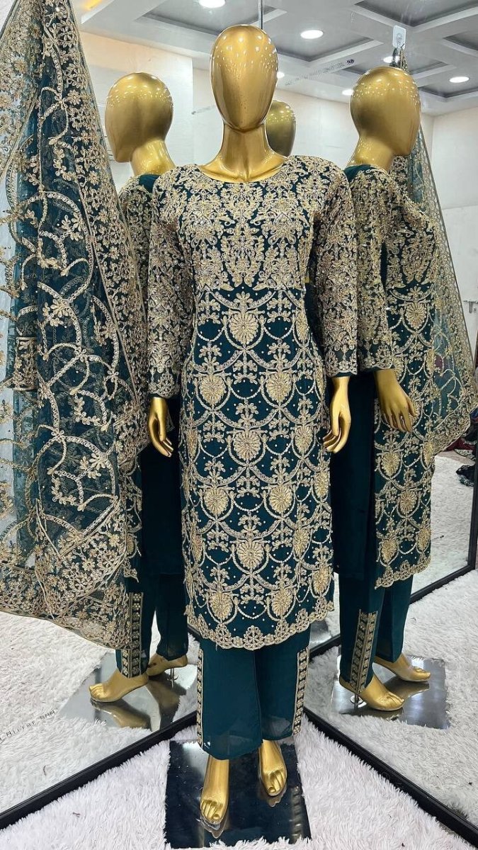 Anarkali Gown Georgette Indian Wedding Party Wear Dress Bollywood Suit Pant 3PC - 001FASHIONFORWARD