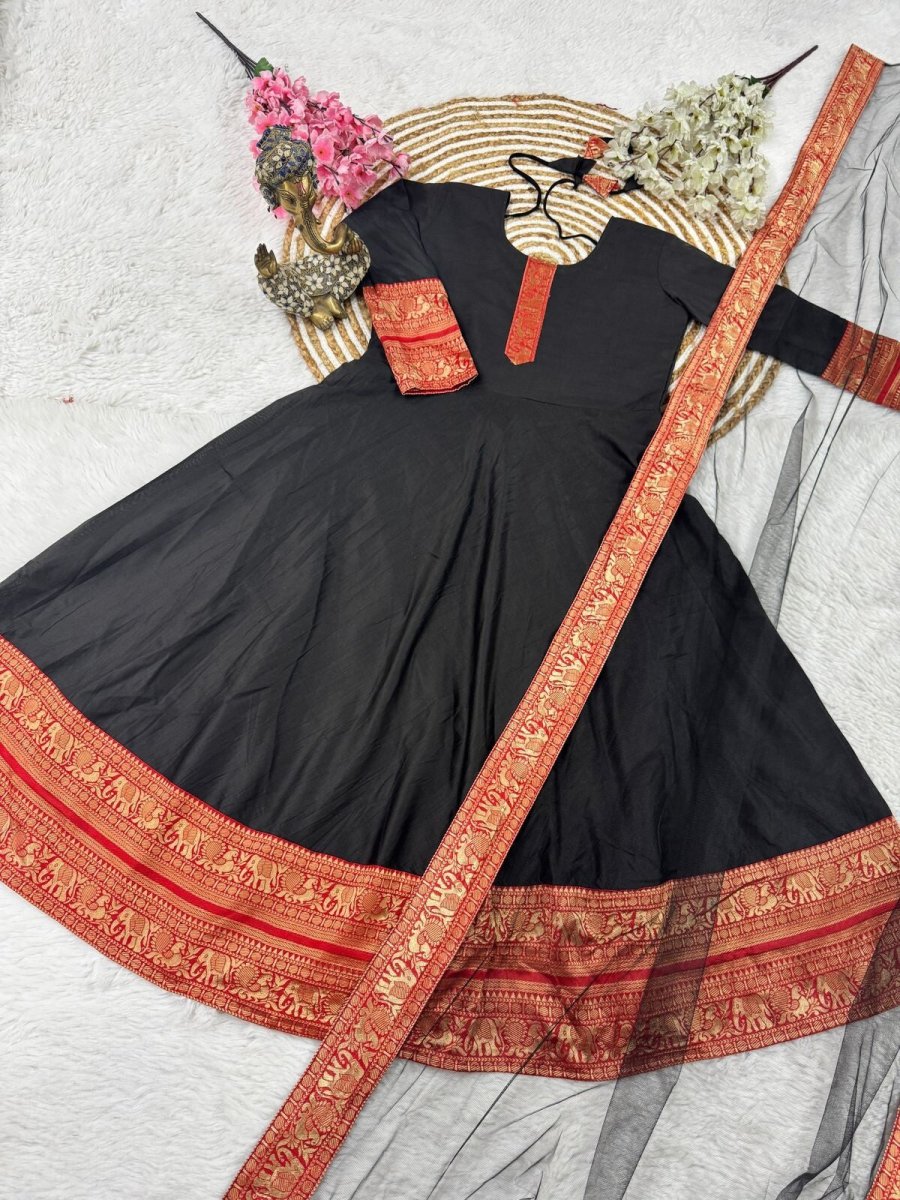 Anarkali Gown Pakistani Salwar Kameez Ready made Wedding Partywear Chanderi silk - 001FASHIONFORWARD