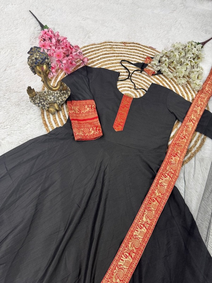 Anarkali Gown Pakistani Salwar Kameez Ready made Wedding Partywear Chanderi silk - 001FASHIONFORWARD