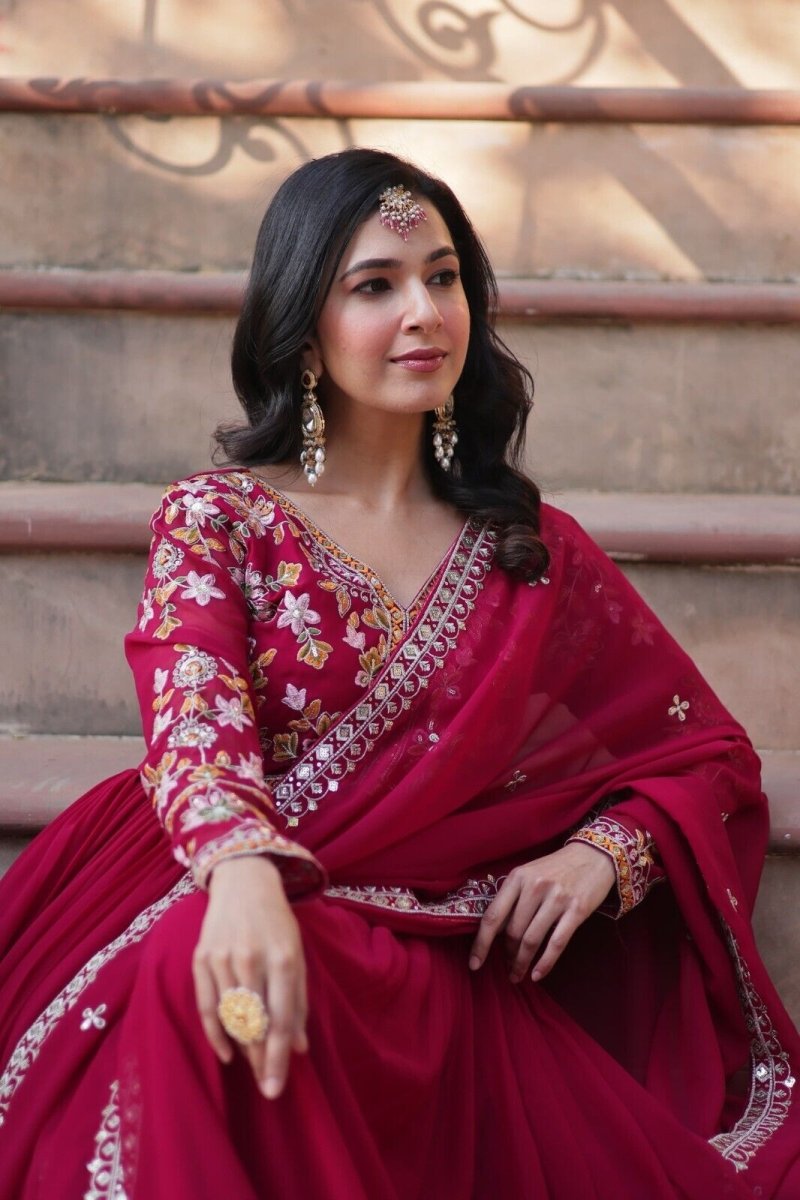 Anarkali Gown Red Pakistani Dress Suit Wear Indian Bollywood Long full length - 001FASHIONFORWARD