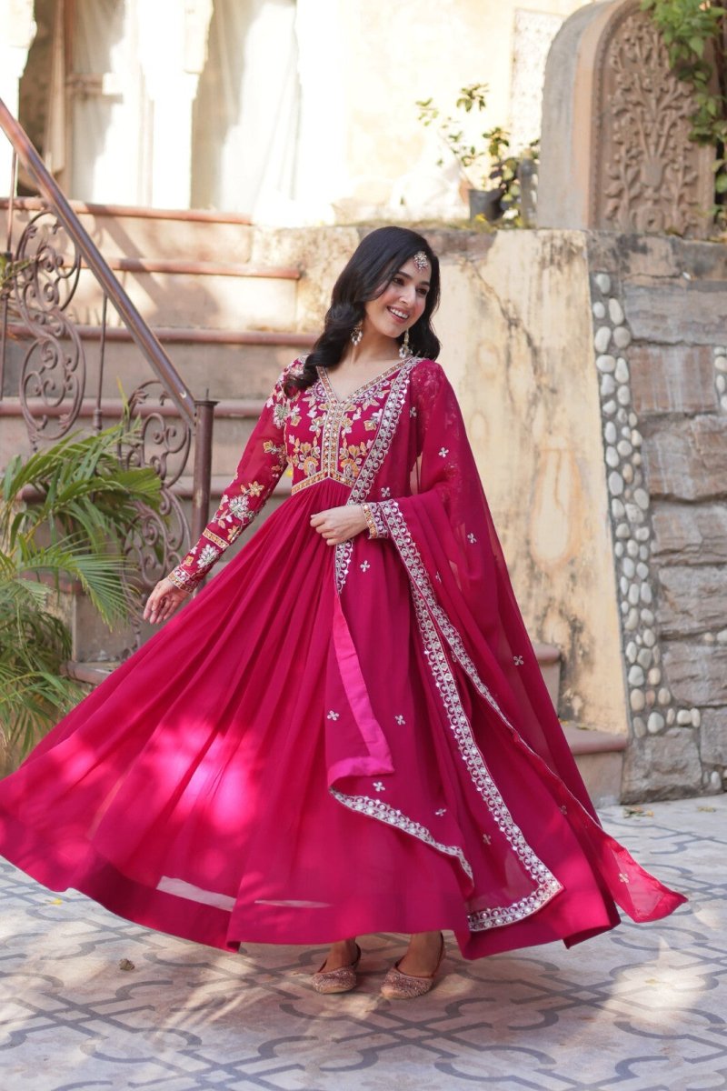 Anarkali Gown Red Pakistani Dress Suit Wear Indian Bollywood Long full length - 001FASHIONFORWARD