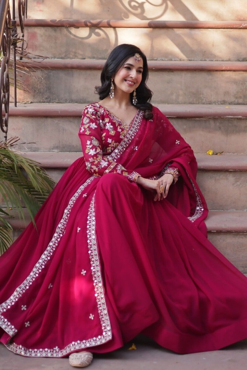 Anarkali Gown Red Pakistani Dress Suit Wear Indian Bollywood Long full length - 001FASHIONFORWARD