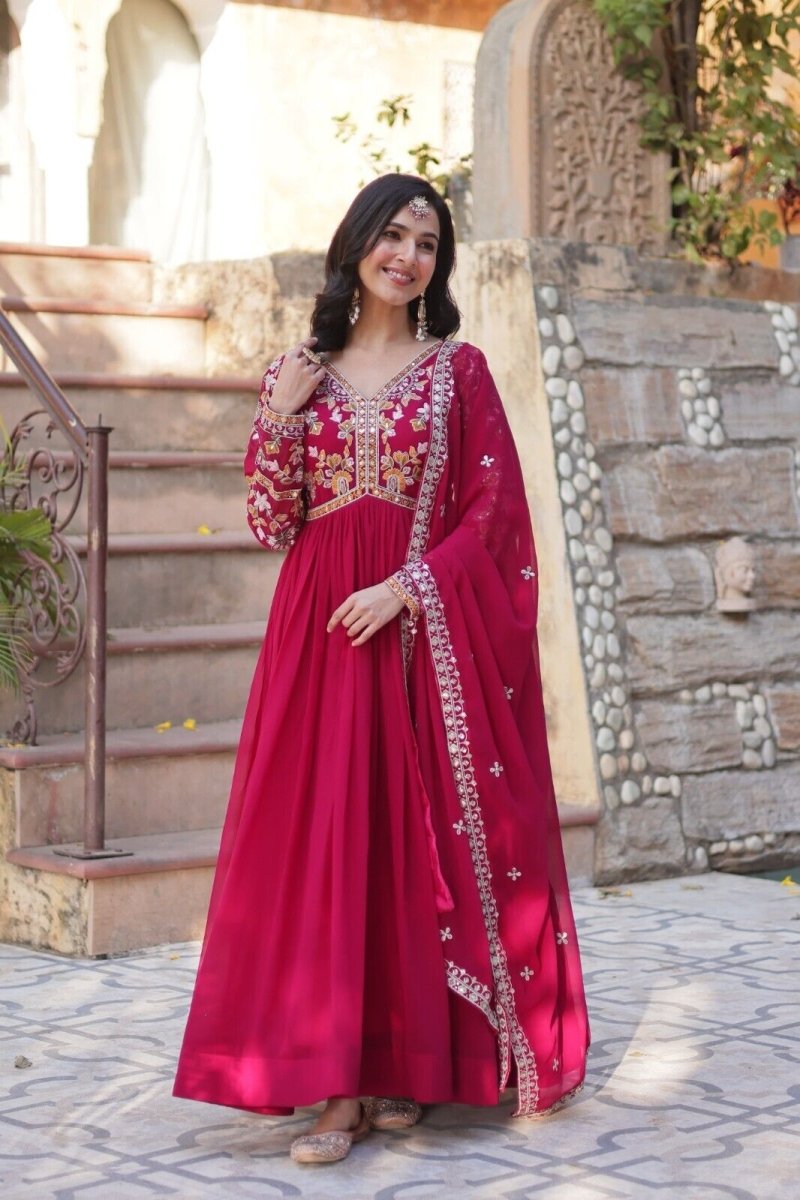 Anarkali Gown Red Pakistani Dress Suit Wear Indian Bollywood Long full length - 001FASHIONFORWARD