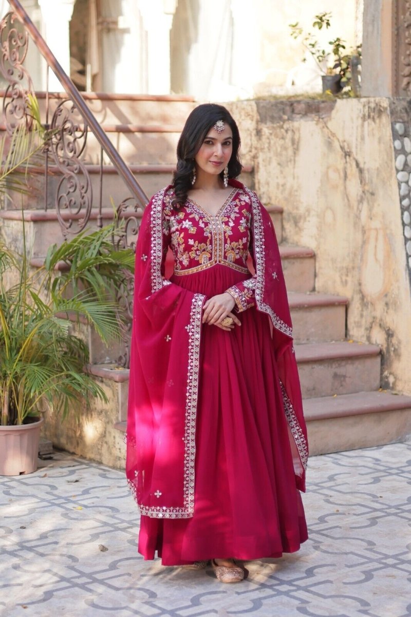 Anarkali Gown Red Pakistani Dress Suit Wear Indian Bollywood Long full length - 001FASHIONFORWARD
