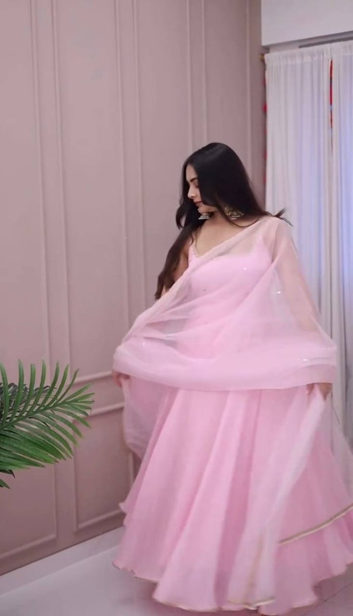 Baby Pink Georgette Flared Anarkali Gown With Bead Work & Lace Border - 001FASHIONFORWARD