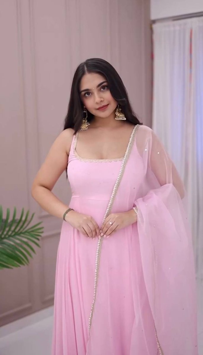 Baby Pink Georgette Flared Anarkali Gown With Bead Work & Lace Border - 001FASHIONFORWARD