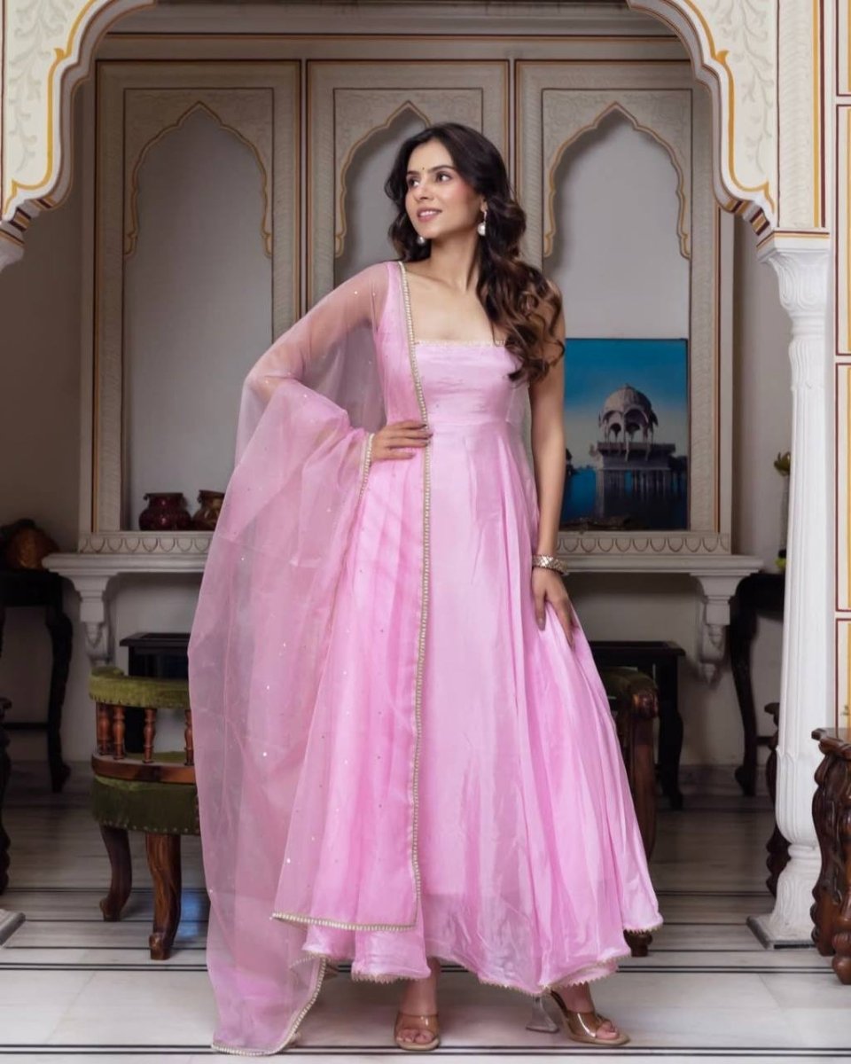 Baby Pink Georgette Flared Anarkali Gown With Bead Work & Lace Border - 001FASHIONFORWARD