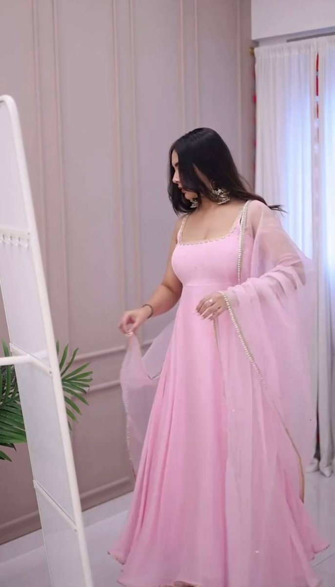 Baby Pink Georgette Flared Anarkali Gown With Bead Work & Lace Border - 001FASHIONFORWARD