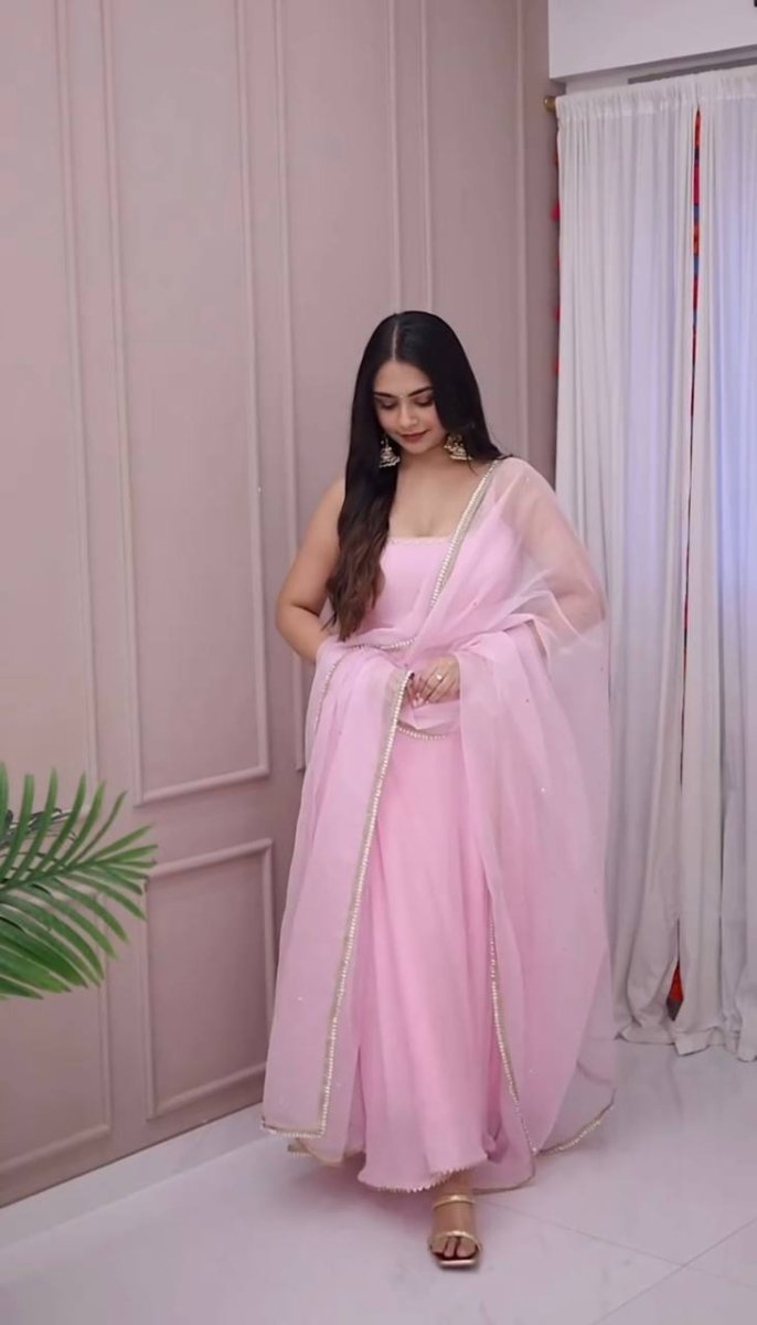 Baby Pink Georgette Flared Anarkali Gown With Bead Work & Lace Border - 001FASHIONFORWARD