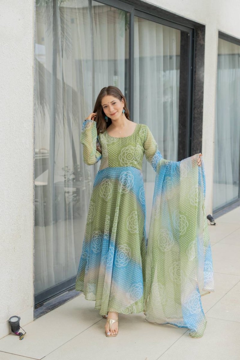 Bandhani Print Organza Silk Anarkali Gown With Pant & Duppatta - 001FASHIONFORWARD
