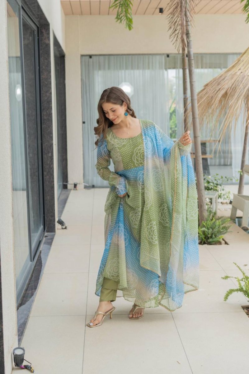 Bandhani Print Organza Silk Anarkali Gown With Pant & Duppatta - 001FASHIONFORWARD