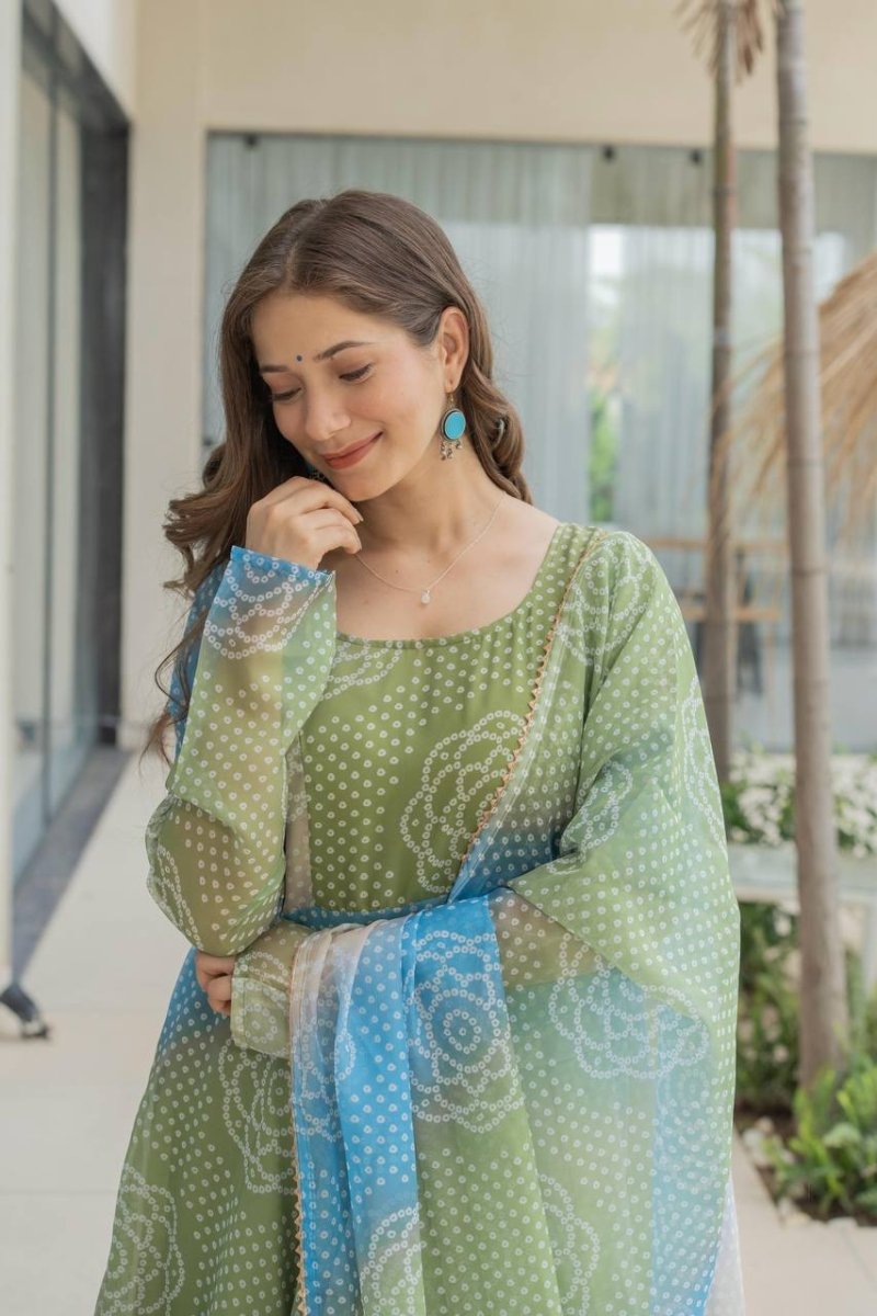 Bandhani Print Organza Silk Anarkali Gown With Pant & Duppatta - 001FASHIONFORWARD