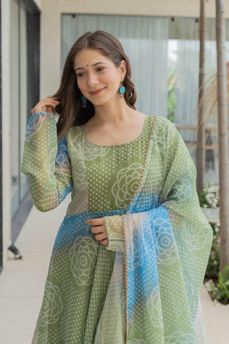 Bandhani Print Organza Silk Anarkali Gown With Pant & Duppatta - 001FASHIONFORWARD