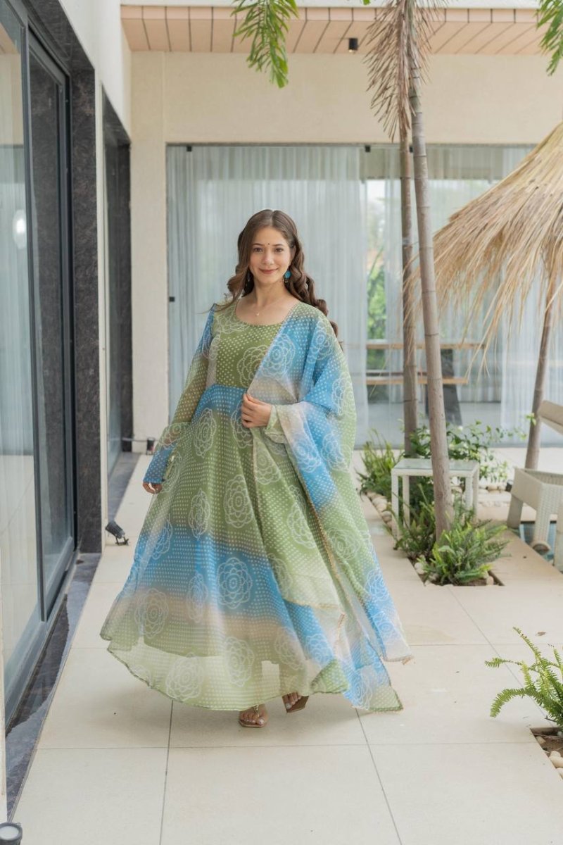 Bandhani Print Organza Silk Anarkali Gown With Pant & Duppatta - 001FASHIONFORWARD