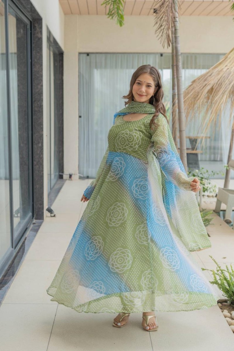 Bandhani Print Organza Silk Anarkali Gown With Pant & Duppatta - 001FASHIONFORWARD