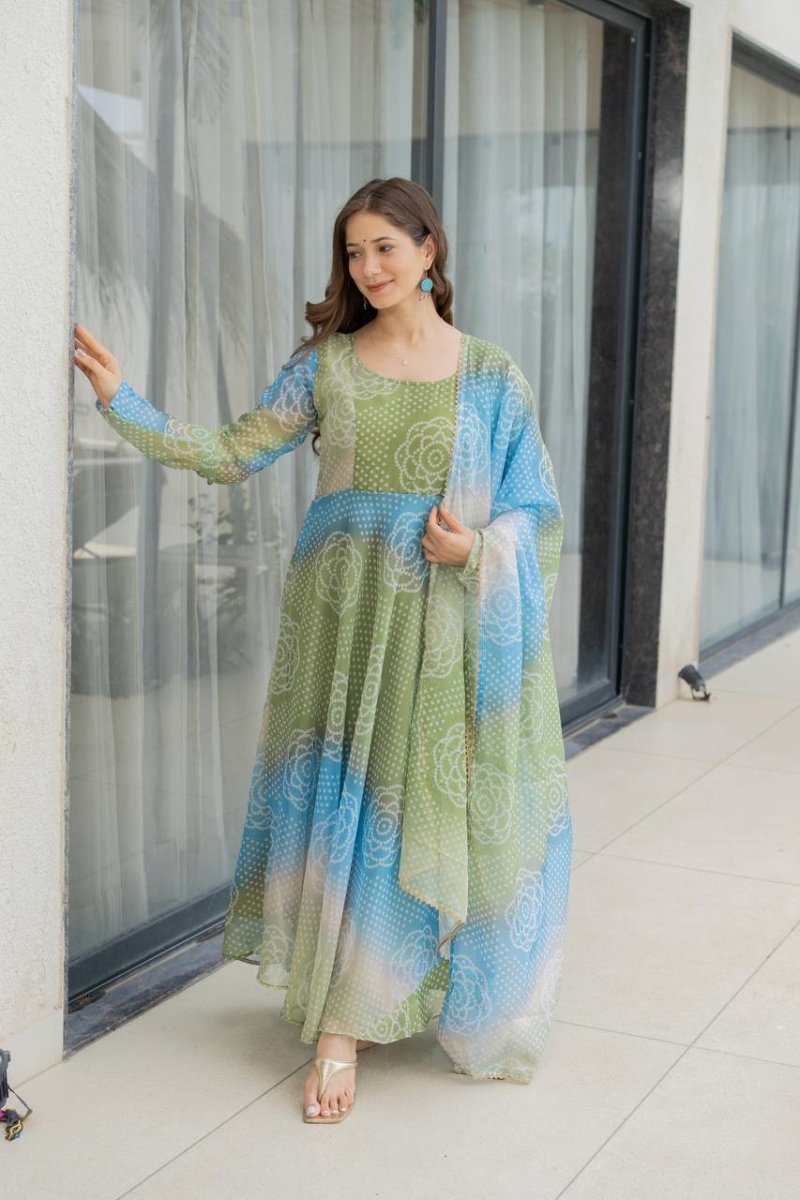 Bandhani Print Organza Silk Anarkali Gown With Pant & Duppatta - 001FASHIONFORWARD