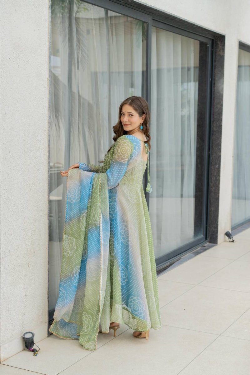 Bandhani Print Organza Silk Anarkali Gown With Pant & Duppatta - 001FASHIONFORWARD